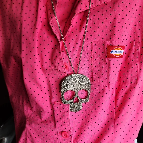 Y2K Dickies Sz M Barbie Pink Black Polkadot Buttondown Dress Worksiren Festival - Picture 14 of 14